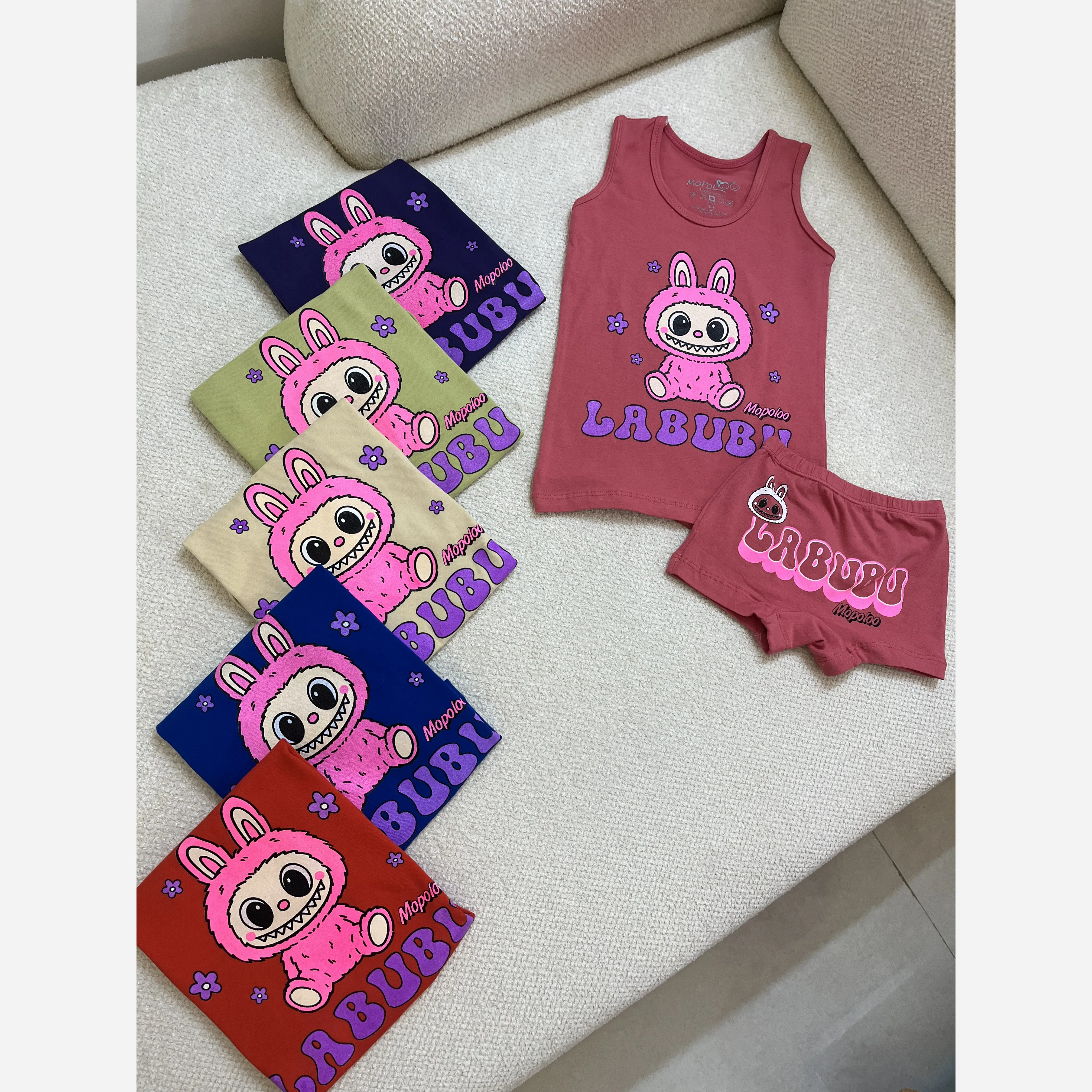 ست رکابی و شورت بچگانه نخ پنبه طرح لبوبو مناسب 3 تا 10 سال