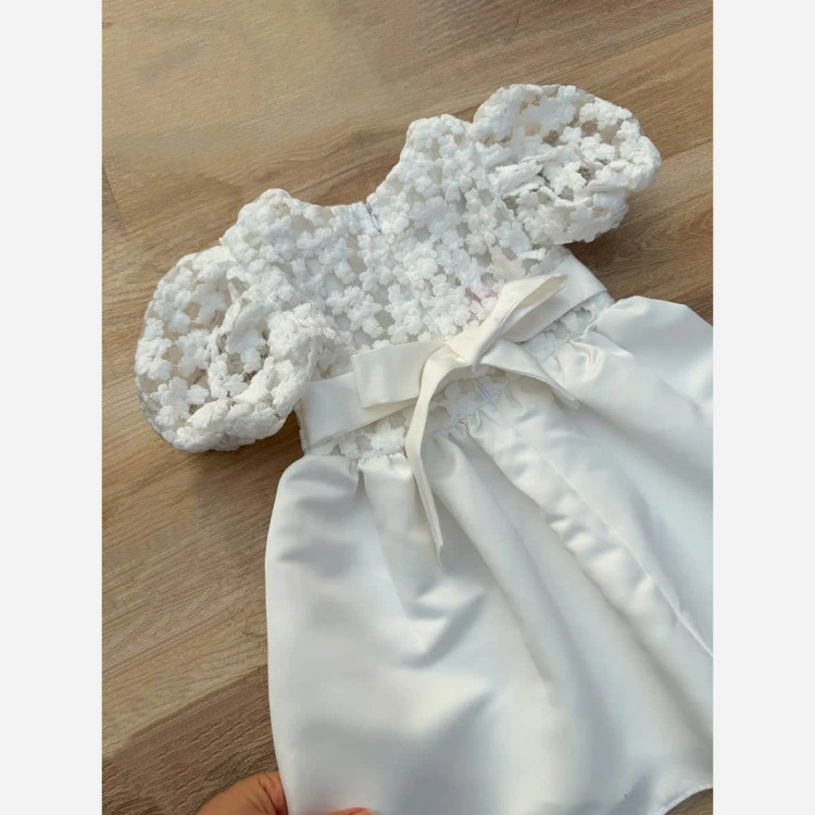 پیراهن عروسکی مجلسی دخترانه سفید با دامن ساتن آمریکایی مناسب 1 تا 7 سال