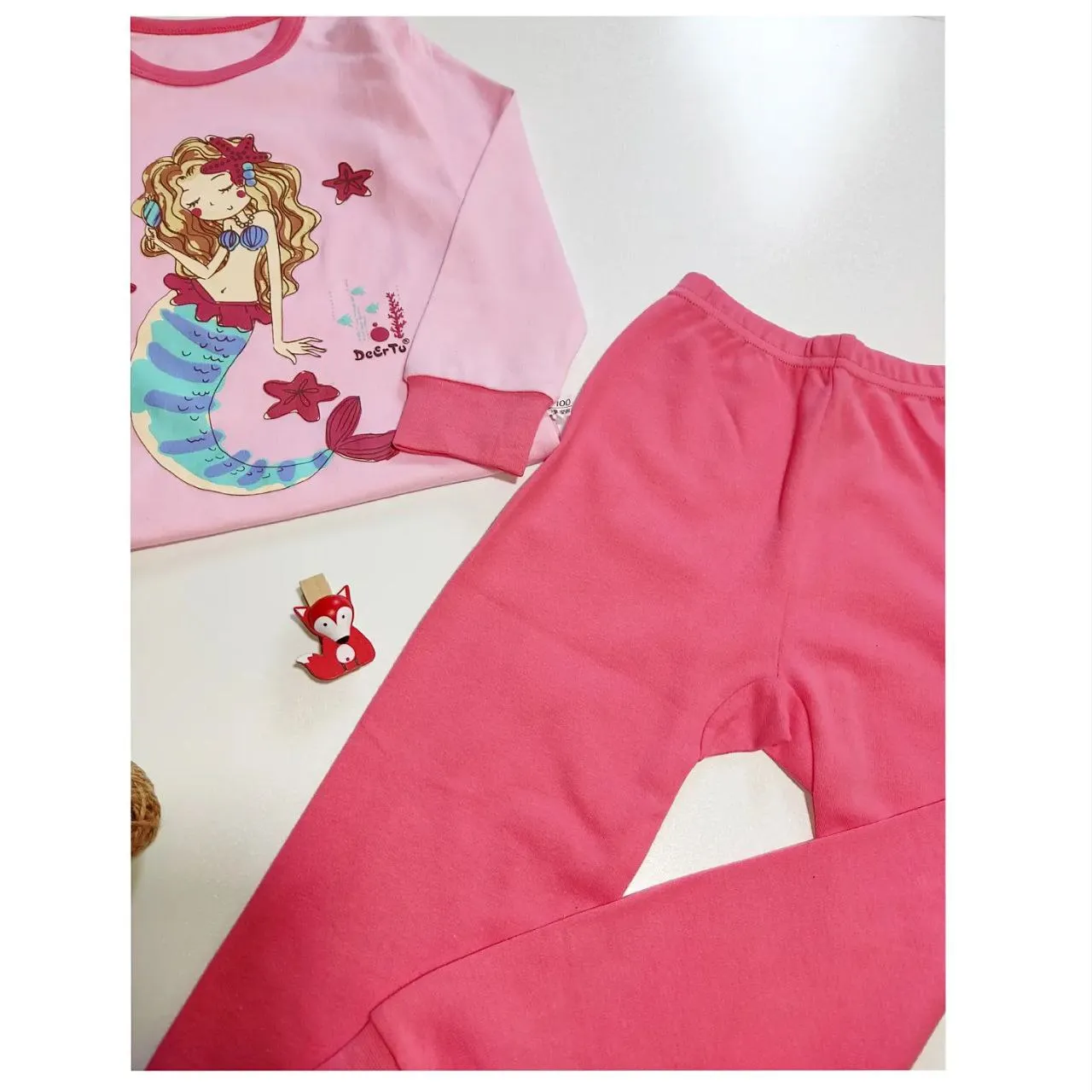 ست بلوز و شلوار راحتی دخترانه طرح پری دریایی جنس نخ پنبه سایز 3 تا 10 سال