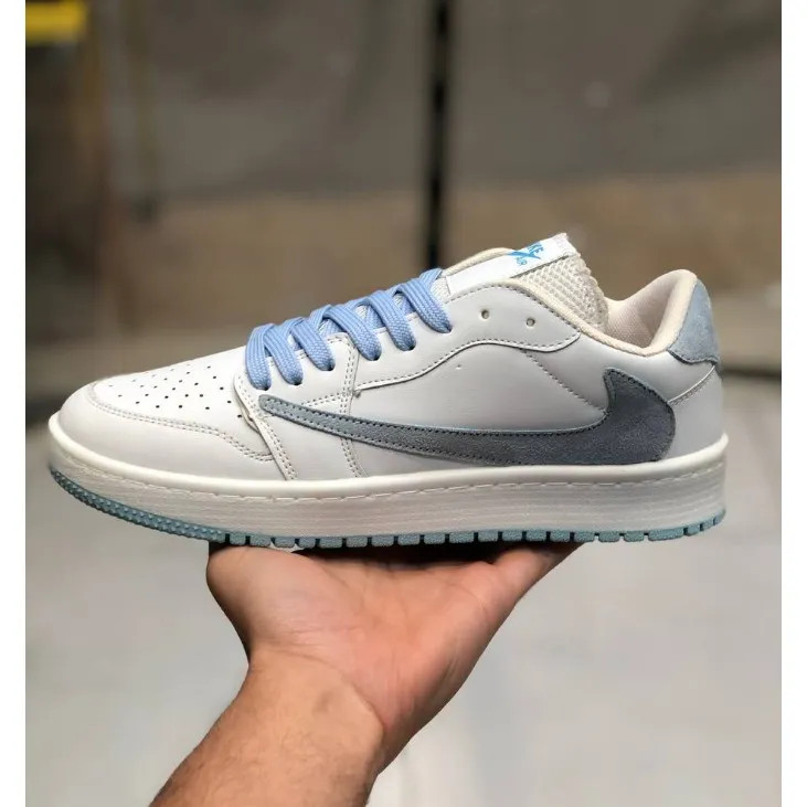 کفش نایک جردن تراویس مردانه رنگ سفید آبی با رویه چرم صنعتی