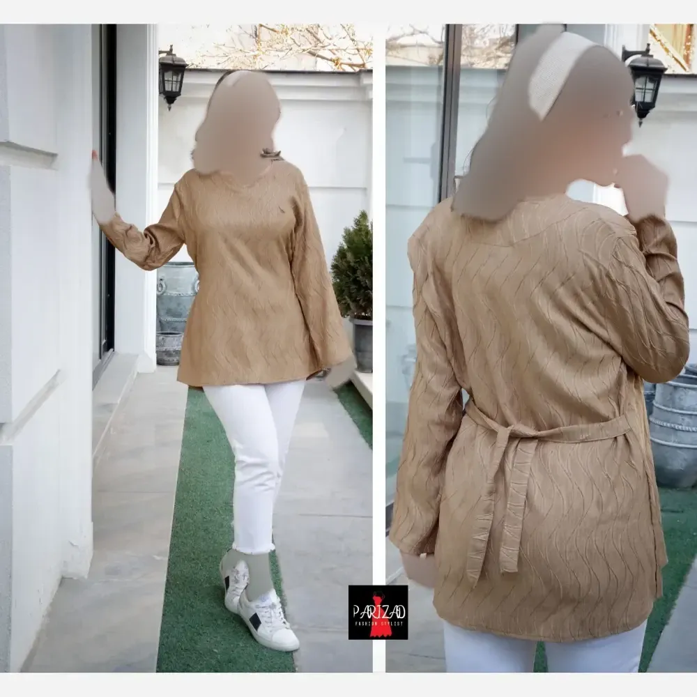تونیک بهاره نخی کمربندی طرح موجی زنانه سایز 40 تا 46