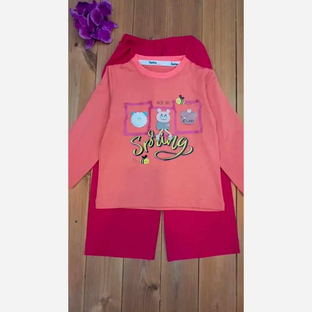 ست بلوز پنبه یک رو و شلوار لینن دخترانه طرح عروسکی