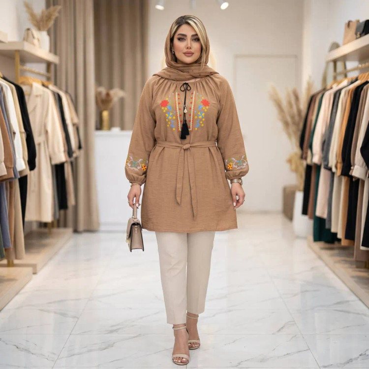 شومیز زنانه گلدوزی شده مدل مارال جنس شانتون فری سایز