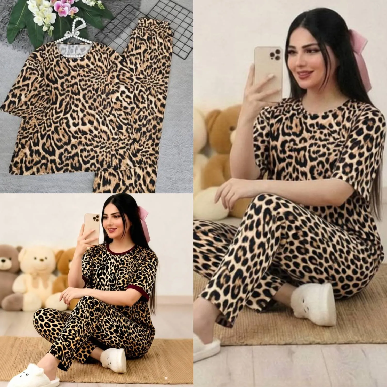 ست تیشرت و شلوار زنانه طرح پلنگی جنس فلامنت گیاهی فول کش سایز فری 38 تا 50