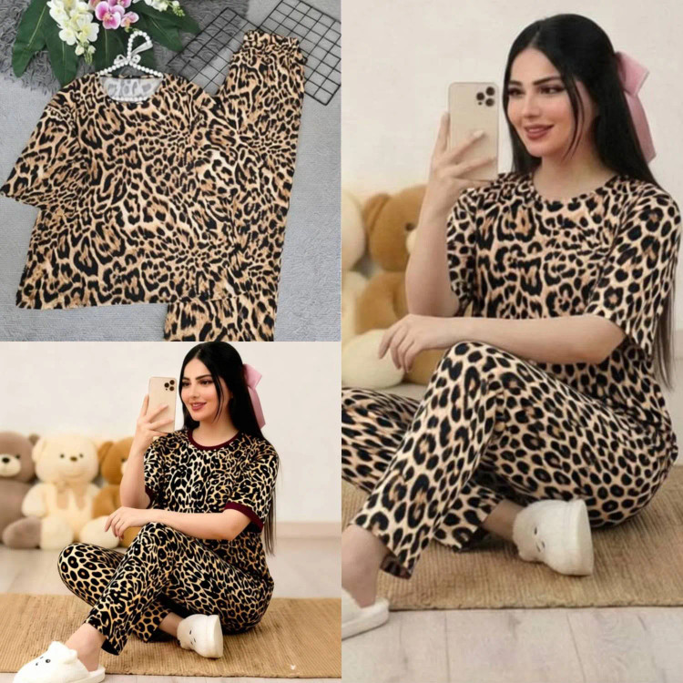 ست تیشرت و شلوار زنانه طرح پلنگی جنس فلامنت گیاهی فول کش سایز فری 38 تا 50