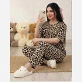 ست تیشرت و شلوار زنانه طرح پلنگی جنس فلامنت گیاهی فول کش سایز فری 38 تا 50