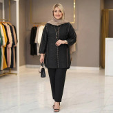 شومیز مانتویی کتان ژاکارد دینا فری سایز رنگ مشکی قهوه ای