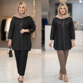 شومیز مانتویی کتان ژاکارد دینا فری سایز رنگ مشکی قهوه ای