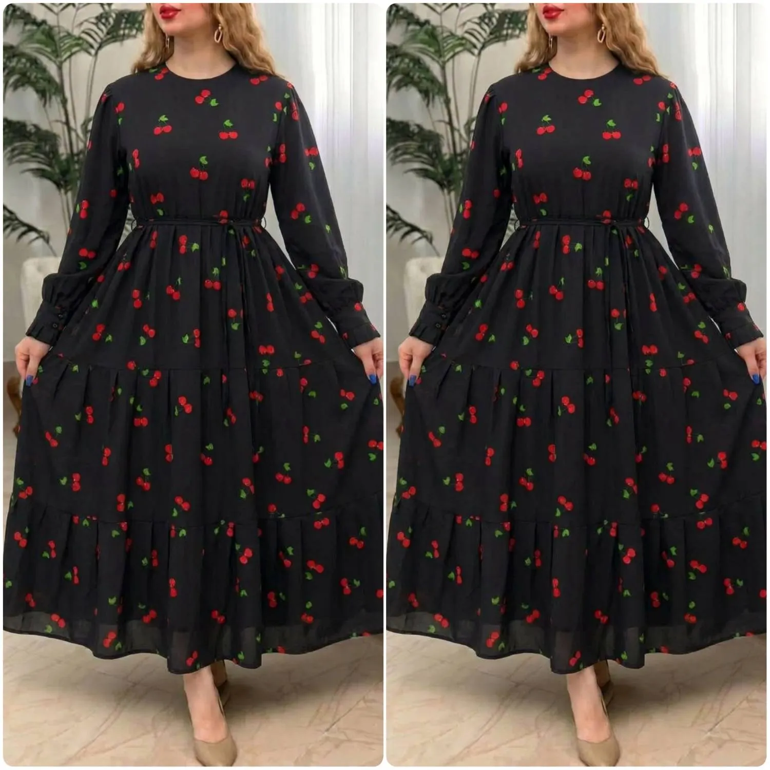 پیراهن گیلاسی یقه چین جنس بوگاتی رنگ مشکی سایز فری 38 تا 46