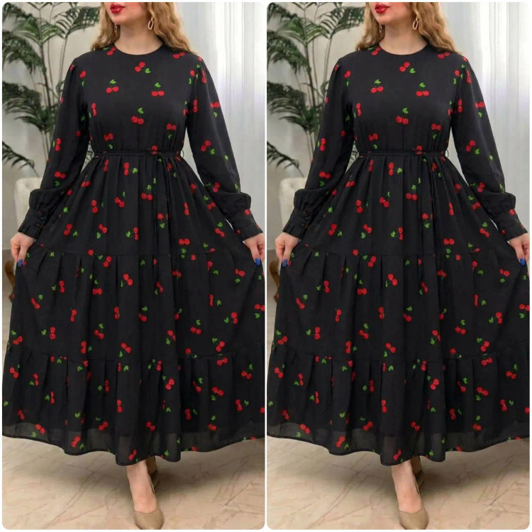 پیراهن گیلاسی یقه چین جنس بوگاتی رنگ مشکی سایز فری 38 تا 46