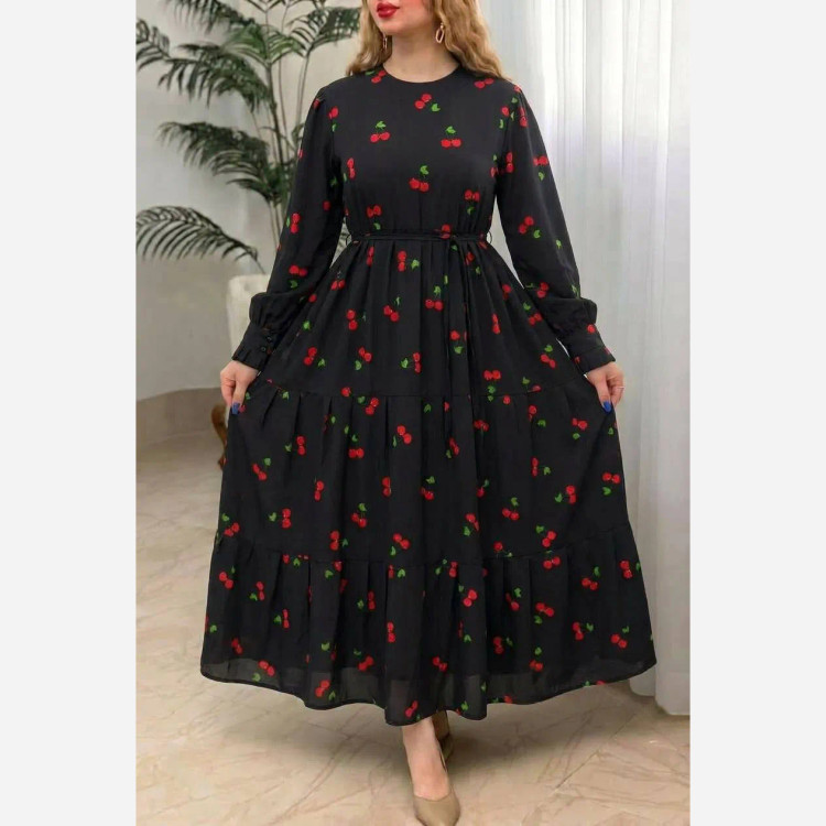 پیراهن گیلاسی یقه چین جنس بوگاتی رنگ مشکی سایز فری 38 تا 46