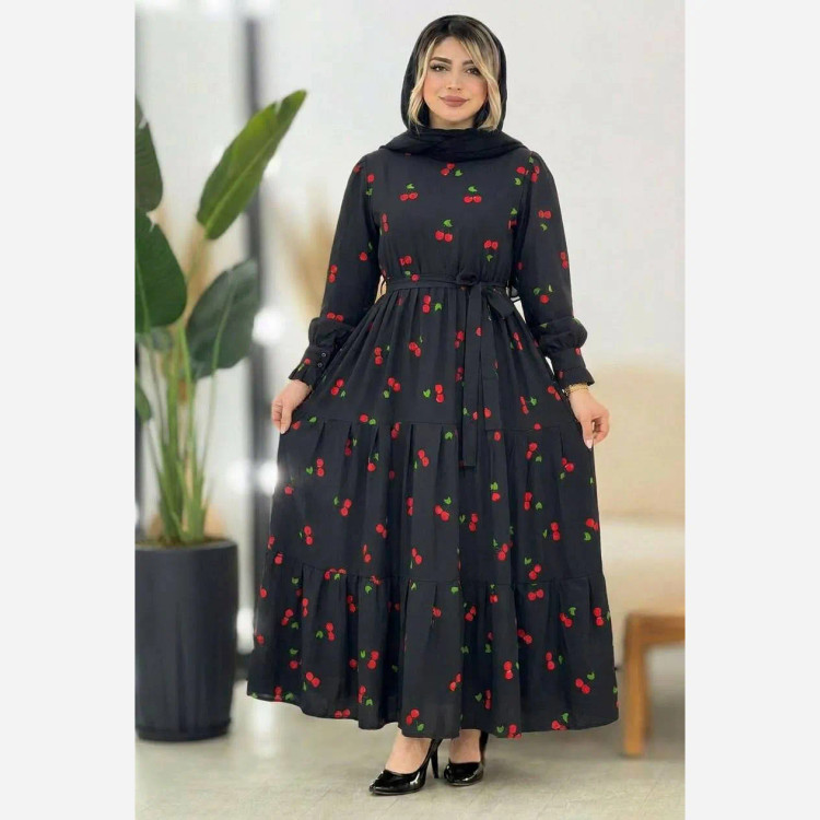 پیراهن گیلاسی یقه چین جنس بوگاتی رنگ مشکی سایز فری 38 تا 46