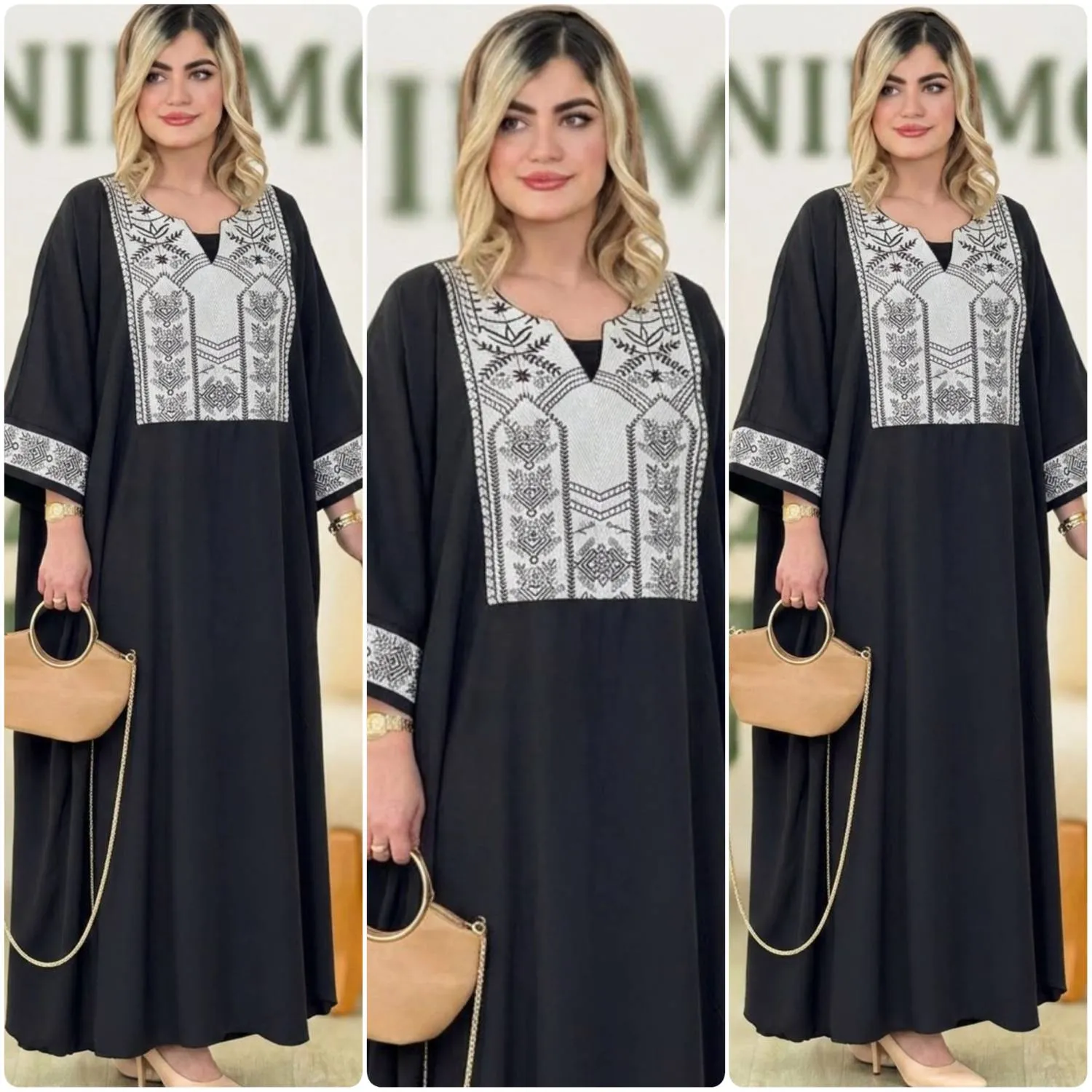 عبا زنانه مدل آلکا جنس داکرون خرجکار سوزن دوزی رنگ مشکی سفید فری سایز