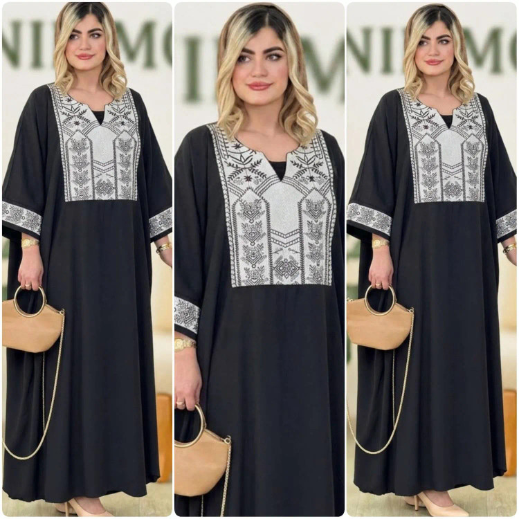 عبا زنانه مدل آلکا جنس داکرون خرجکار سوزن دوزی رنگ مشکی سفید فری سایز