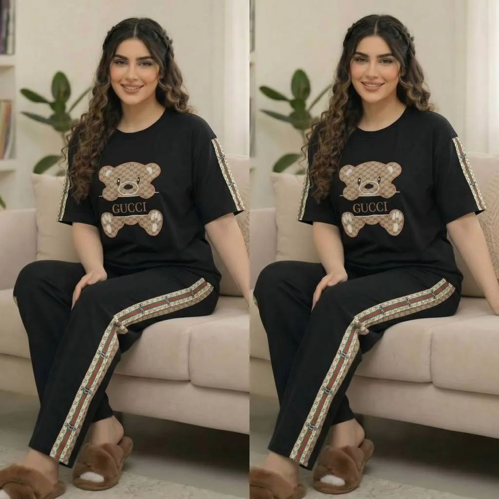 ست تیشرت و شلوار زنانه پنبه گلکسی مشکی فری سایز مهیاس