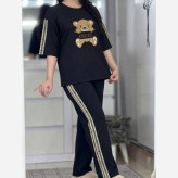 ست تیشرت و شلوار زنانه پنبه گلکسی مشکی فری سایز مهیاس