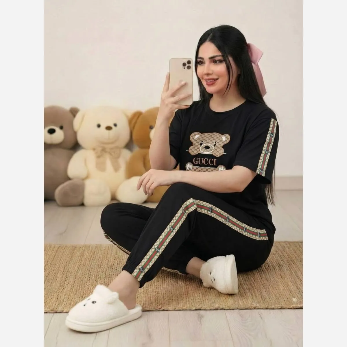 ست تیشرت و شلوار زنانه پنبه گلکسی مشکی فری سایز مهیاس