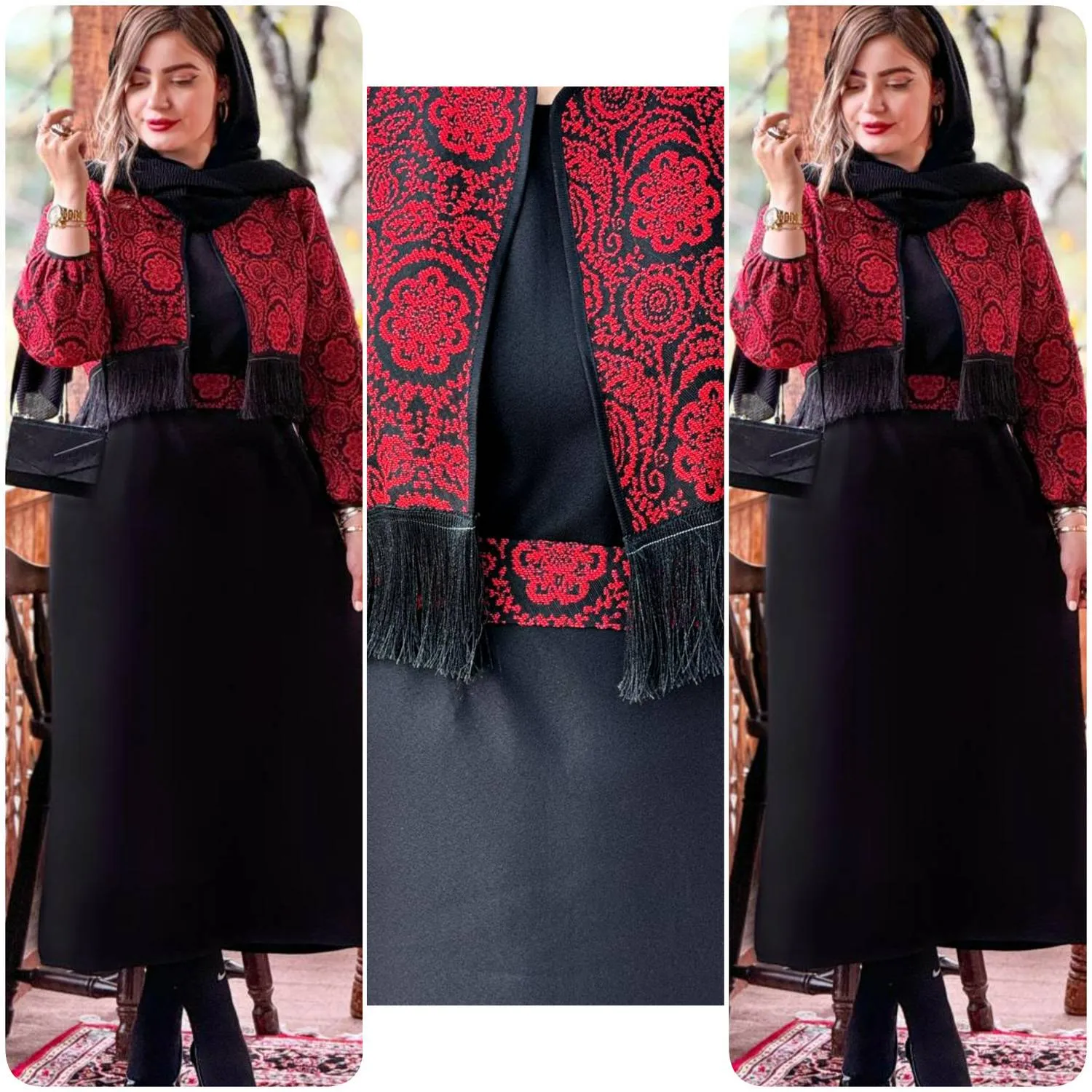 ست سه تیکه کت و سارافن و کمربند نارگل جنس تافته و کرپ اندونزی سایز فری سایز