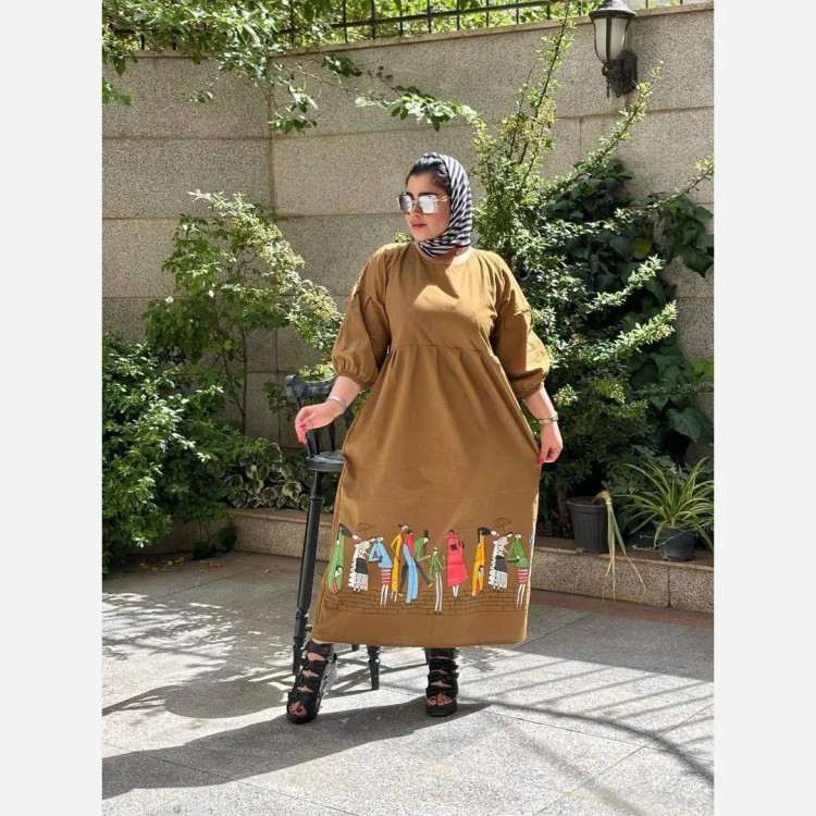 لباس ساحلی زنانه لنین طرح آدمکی کمربنددار سایز فری سبز و خردلی