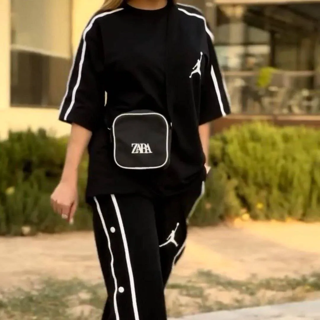 ست تیشرت و شلوار زنانه جنس اسپان گلکسی رنگ مشکی سایز فری 38 تا 46