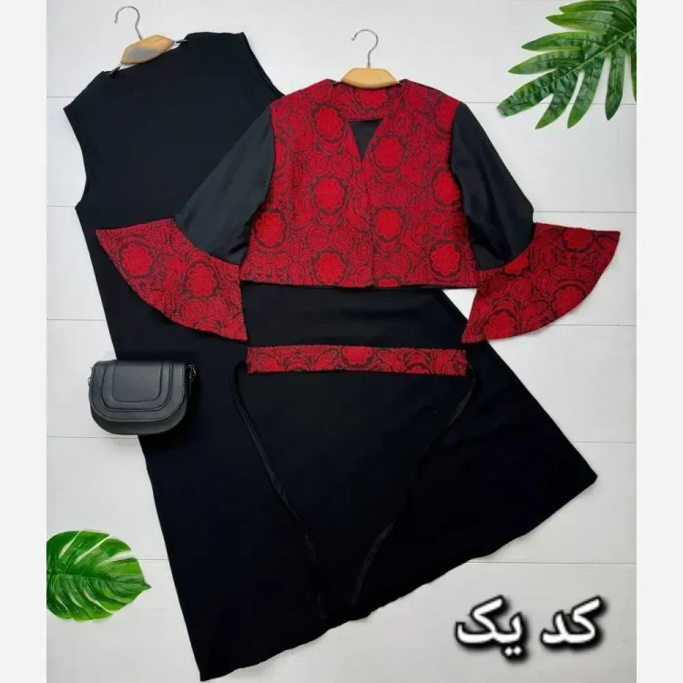 ست سه تیکه کت و سارافن و کمربند جنس کت تافته سارافن ژاکارد فری سایز 38 تا 48