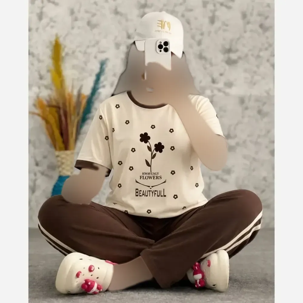 ست تیشرت و شلوار آستین کوتاه زنانه پنبه گلکسی رنگ نسکافه ای فری سایز