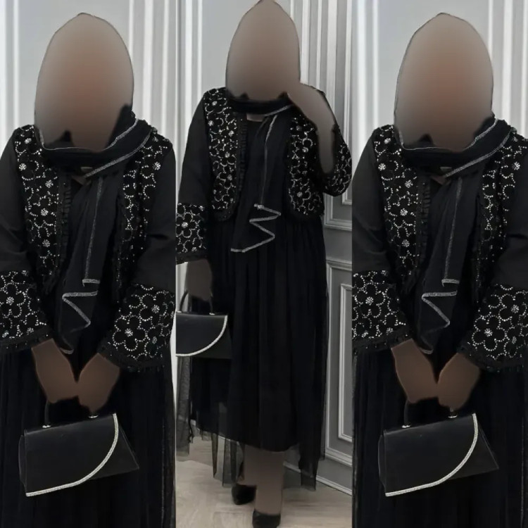 ست سه تیکه کت و دامن و شال مدل شهرزاد رنگ مشکی سایز فری 36 تا 46 خامه دوزی جواهر دوزی