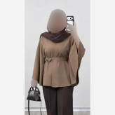 شنل مازراتی مدل دلنیا کمربنددار فری سایز رنگ کرم و نسکافه ای