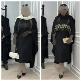 ست پیراهن رویه دار فاخر کرپ بوگاتی مشکی طلایی فری سایز