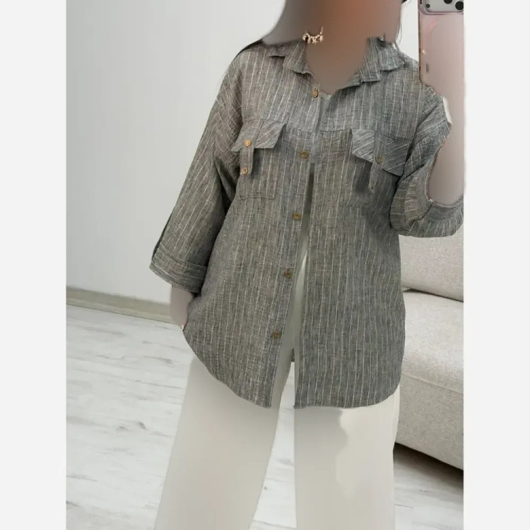 شومیز جیب صلیبی کژال جنس شانتون شاین رنگ طوسی سایز فری 38 تا 48