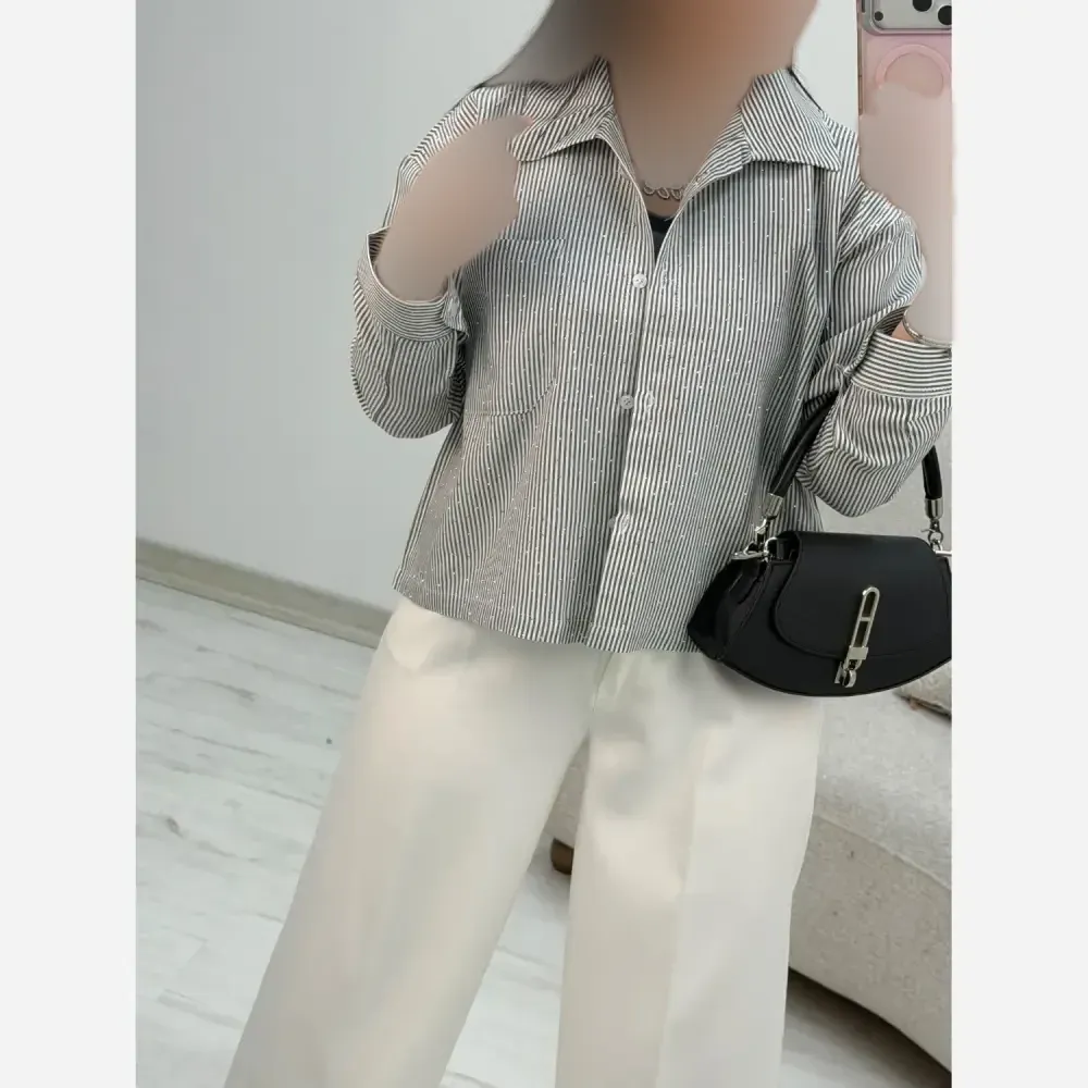 شومیز تک جیب سیما جنس لنین راه راه نگین کوبی فری سایز 38 تا 46