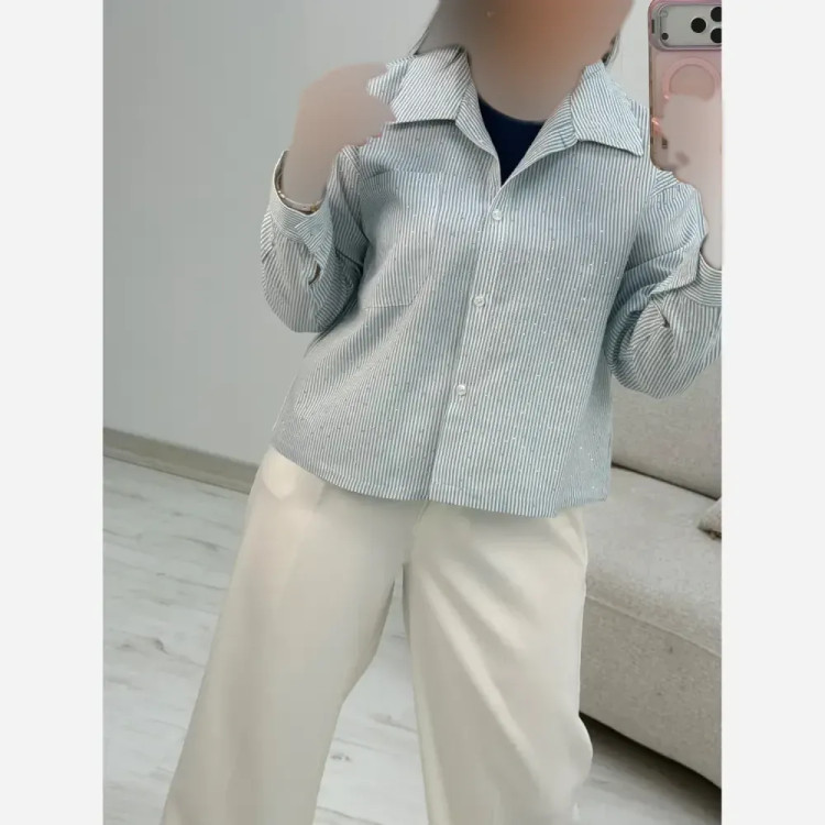 شومیز تک جیب سیما جنس لنین راه راه نگین کوبی فری سایز 38 تا 46
