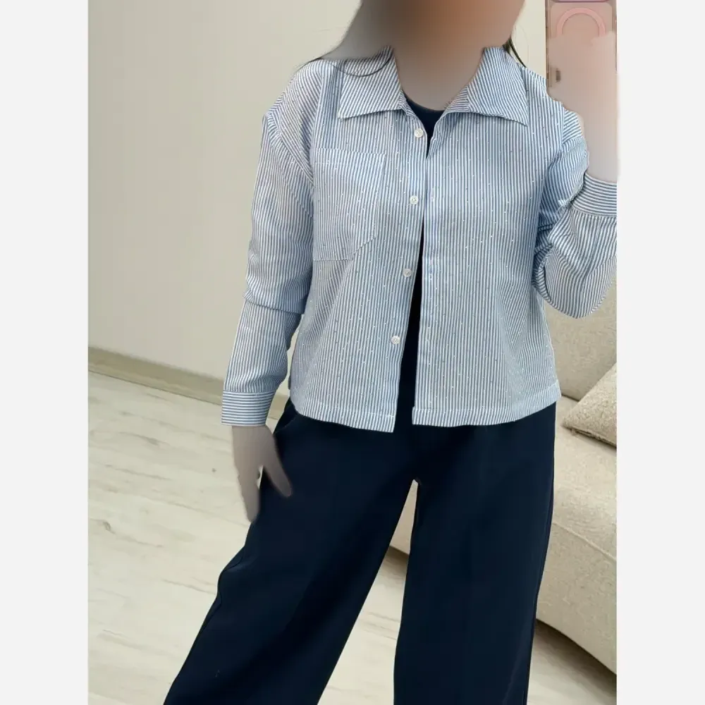 شومیز تک جیب سیما جنس لنین راه راه نگین کوبی فری سایز 38 تا 46