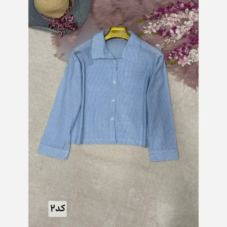 شومیز تک جیب سیما جنس لنین راه راه نگین کوبی فری سایز 38 تا 46