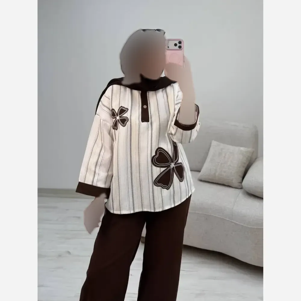 ست شومیز و شلوار زنانه مدل سنجاقک جنس لنین بیسکویتی و کنفی فری سایز