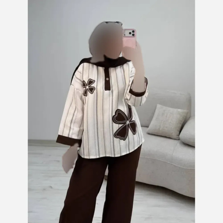 ست شومیز و شلوار زنانه مدل سنجاقک جنس لنین بیسکویتی و کنفی فری سایز