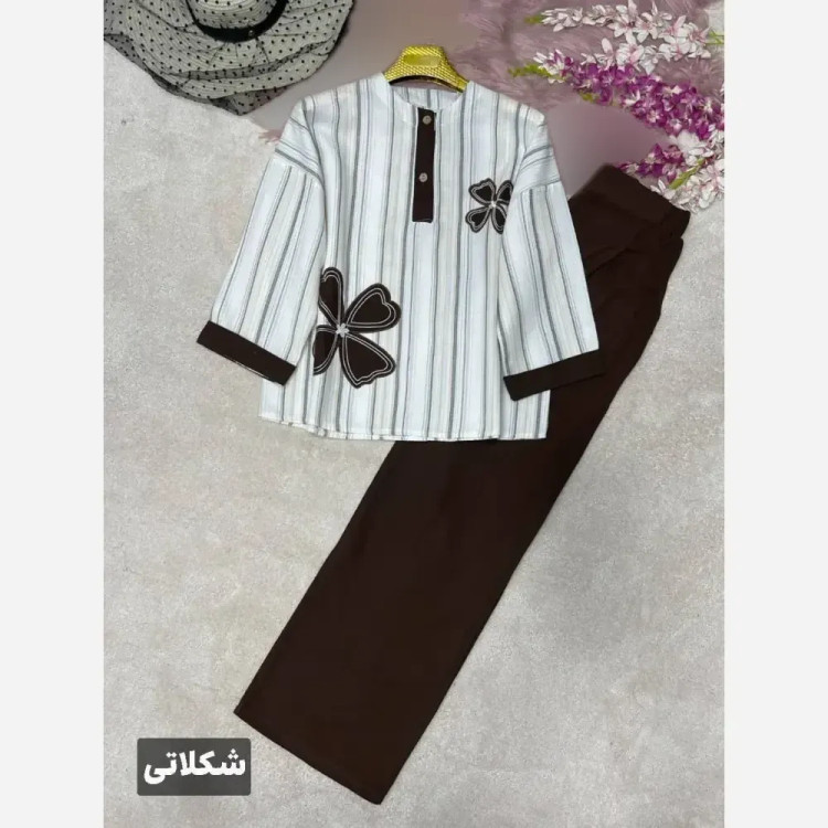 ست شومیز و شلوار زنانه مدل سنجاقک جنس لنین بیسکویتی و کنفی فری سایز