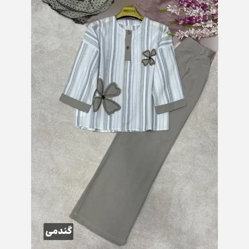 ست شومیز و شلوار زنانه مدل سنجاقک جنس لنین بیسکویتی و کنفی فری سایز