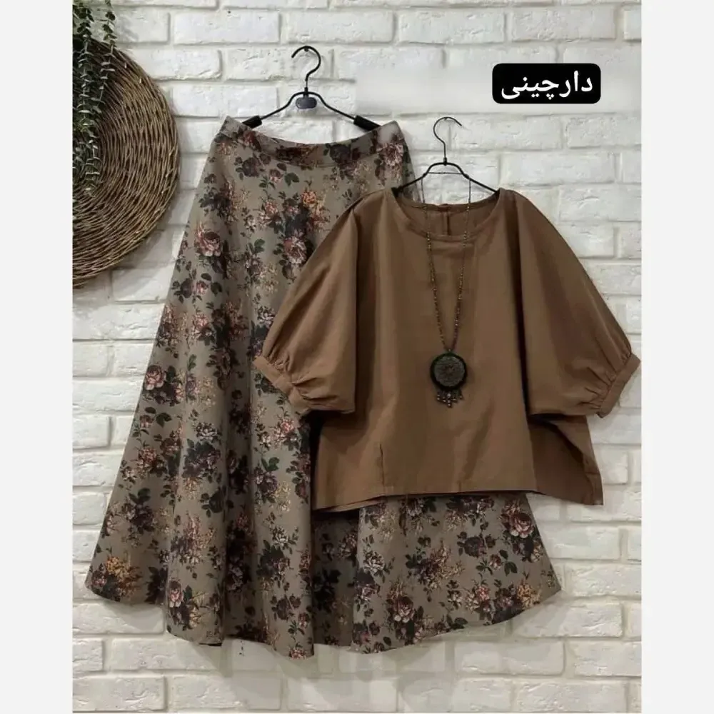 ست شومیز و دامن زنانه لنین کنفی و کرسپو سایز فری 38 تا 46 کرم بنتون