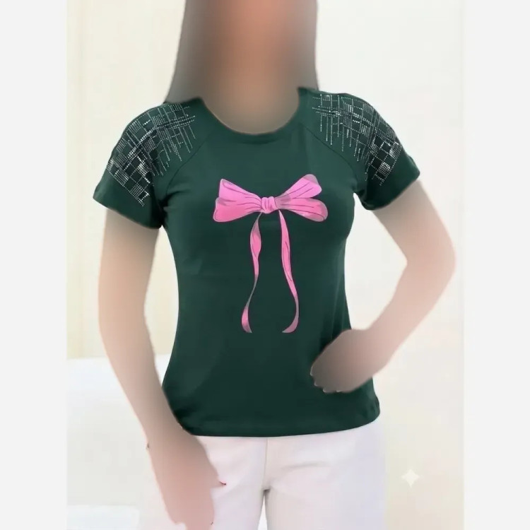 تی شرت باکسی نگینی پاپیون نخ پنبه اعلا فری سایز
