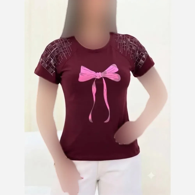 تی شرت باکسی نگینی پاپیون نخ پنبه اعلا فری سایز