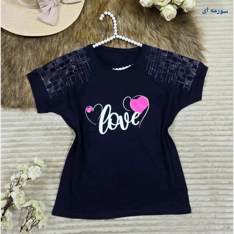 تیشرت باکسی نگینی طرح LOVE جنس نخ پنبه فری سایز