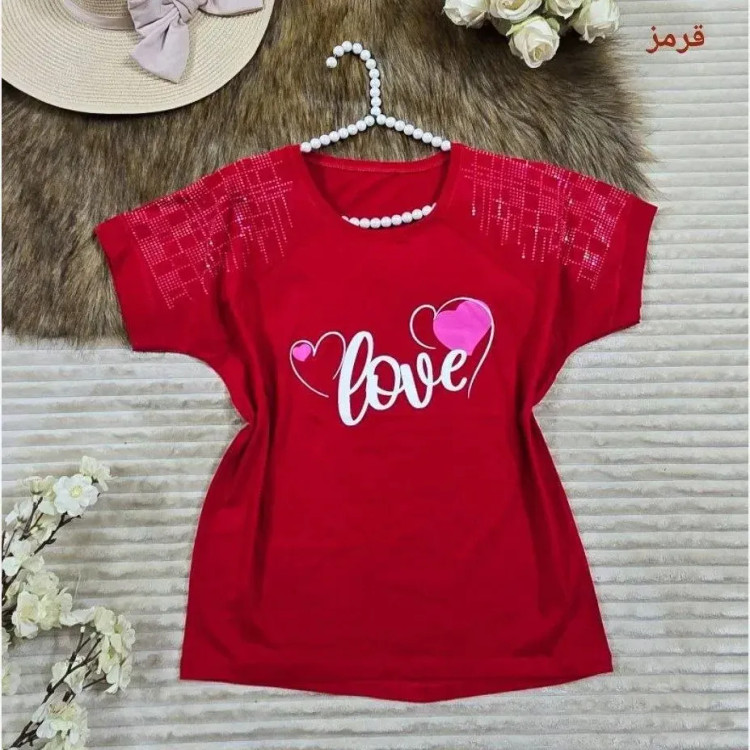 تیشرت باکسی نگینی طرح LOVE جنس نخ پنبه فری سایز