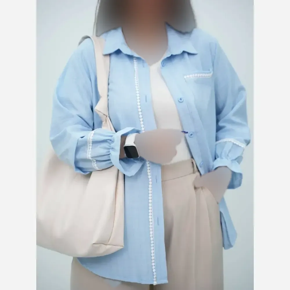 شومیز آستین عروسکی دانتل دار منظومه جنس شانتون بخیه ای اعلا فری سایز