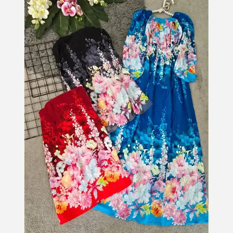 پیراهن نخی گلدار زنانه فری سایز تمام نخی