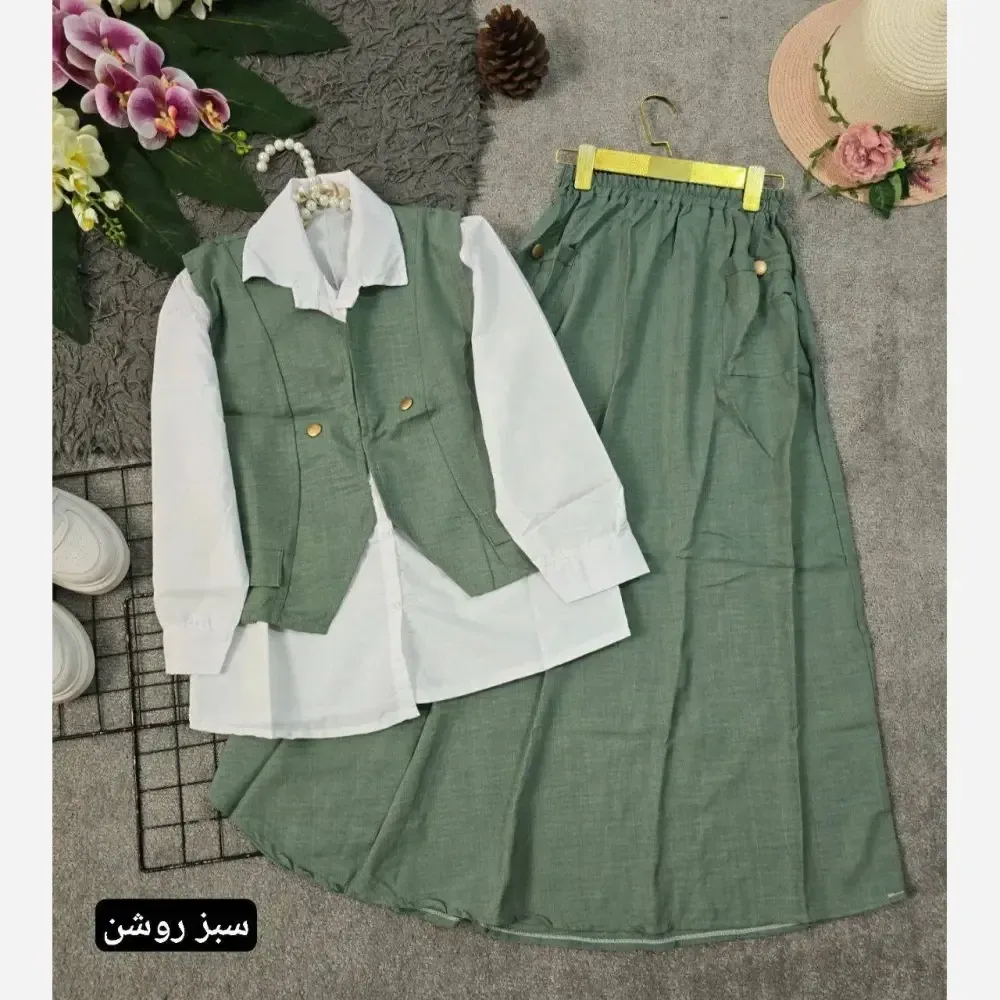 ست سه تیکه شومیز جلیقه و دامن مدل ژینا جنس شانتون فری سایز