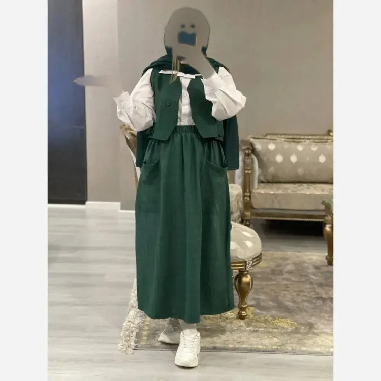 ست سه تیکه شومیز جلیقه و دامن مدل ژینا جنس شانتون فری سایز
