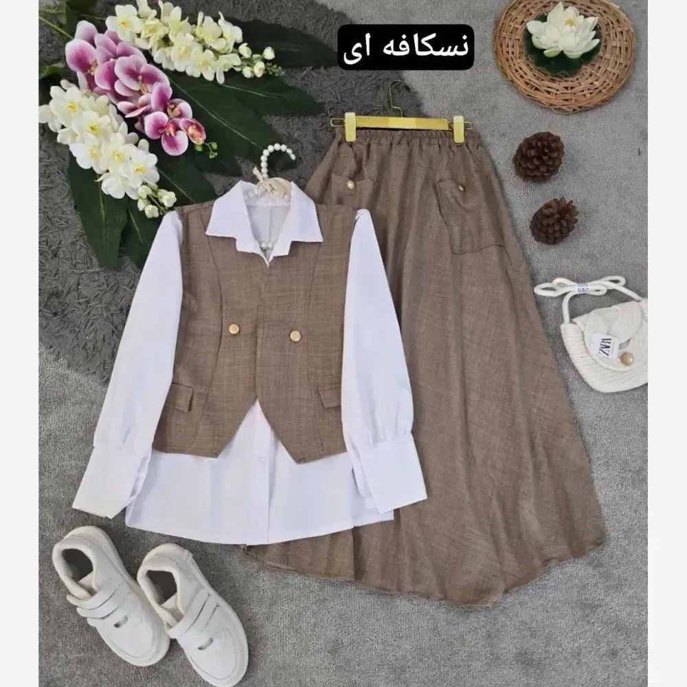 ست سه تیکه شومیز جلیقه و دامن مدل ژینا جنس شانتون فری سایز