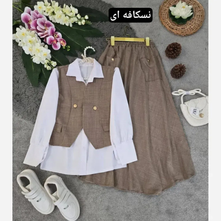 ست سه تیکه شومیز جلیقه و دامن مدل ژینا جنس شانتون فری سایز
