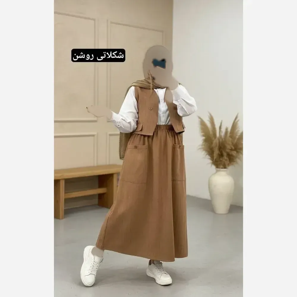 ست سه تیکه شومیز جلیقه و دامن مدل ژینا جنس شانتون فری سایز
